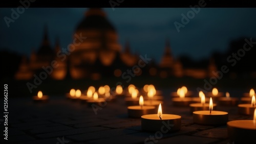 This minimalist photograph captures the ethereal beauty of candles flickering at night around the Mahabodhi Temple, embodying the calm and spiritual essence of Buddhism.