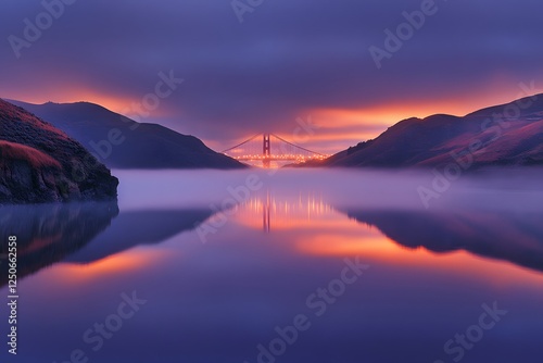 Sunrise bridge reflection, foggy bay, scenic travel poster
