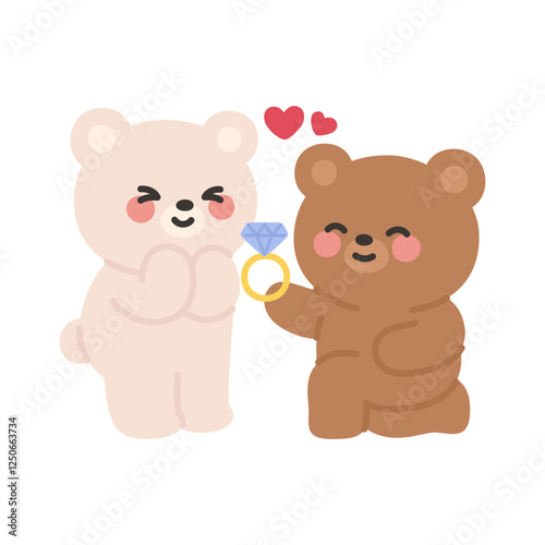 Brown Bear Proposing to White Bear with a Diamond Ring and Heart Icon