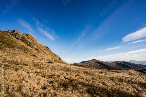 Fototapeta Naklejka Na Ścianę i Meble -  Scenic autumn landscapes from a trekking loop in Bieszczady, featuring views from Tarnica, Halicz, Rozsypaniec, Bukowe Berdo, Połonina Wetlińska, and the Ukrainian Bieszczady under a clear blue sky