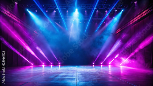 Stage illuminated with vibrant purple and blue lighting, creating an energetic, dynamic atmosphere ideal for a live performance or concert.