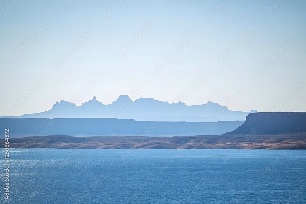 Desert lake scenic vista, distant mountains, hazy sky, calm water, travel Desert lake scenic vista, distant mountains, hazy sky, calm water, travel