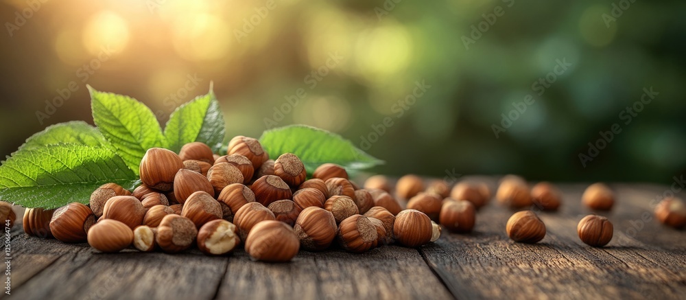 Hazelnuts scattered on a rustic wooden table with green leaves and a blurred natural background showcasing a warm atmosphere Hazelnuts scattered on a rustic wooden table with green leaves and a blurred natural background showcasing a warm atmosphere