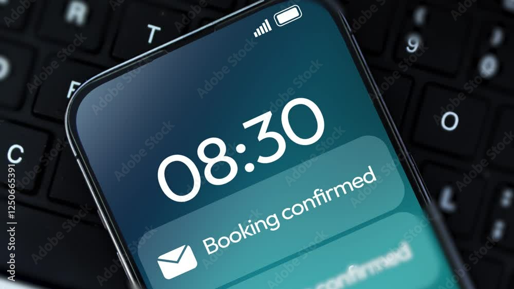 Booking confirmed message and email notification on the smartphone screen, 4k footage. Mobile close up showing confirmed booking status message