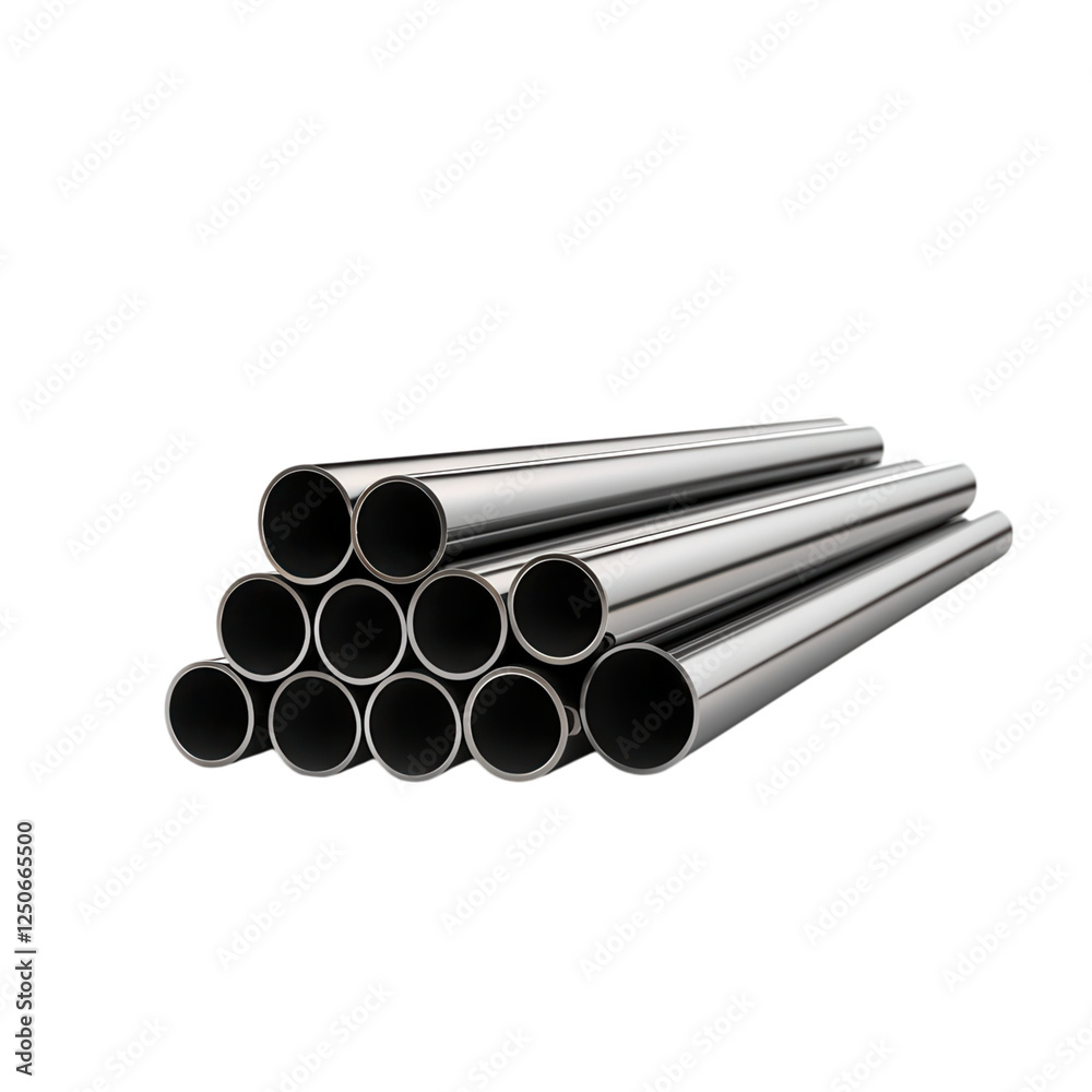 Fototapeta premium Stack of metallic pipes arranged neatly. on transparent cutout, PNG file
