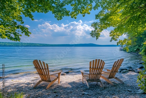Lakeside Relaxation Adirondack chairs on pebble beach, tranquil lake view, summer vacation