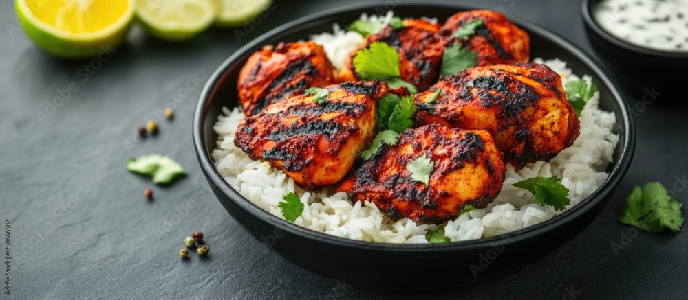 Grilled Tandoori Chicken Platter with Fragrant Rice and Fresh Vegetables Ideal for Menu or Recipe Promotion