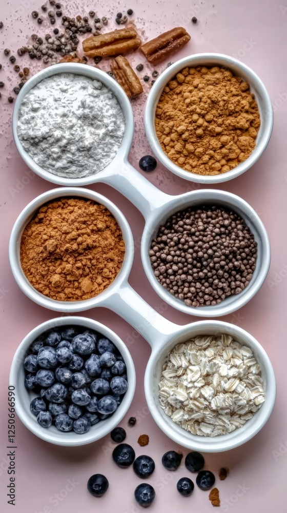 Overhead View of Baking Ingredients in White Bowls on Pink Background Overhead View of Baking Ingredients in White Bowls on Pink Background