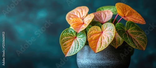 Heart-shaped foliage of ornamental plant with vibrant green and pink colors displayed in a decorative pot against a dark background. photo