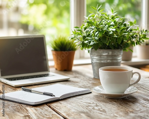 Home office workspace with laptop, tea, and plants