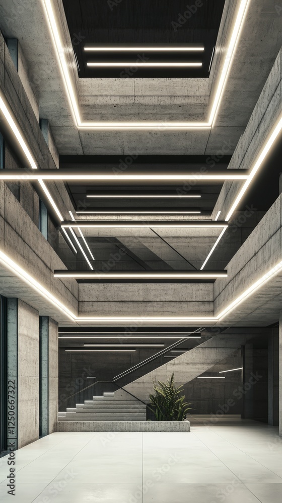 Obraz premium Stunning Modern Concrete Building Interior Design with Sleek Staircase and Stylish Lighting