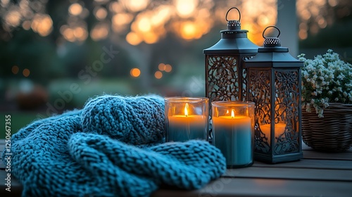 Cozy lanterns and candles creating a peaceful and warm setting against a soft blue-toned night sky