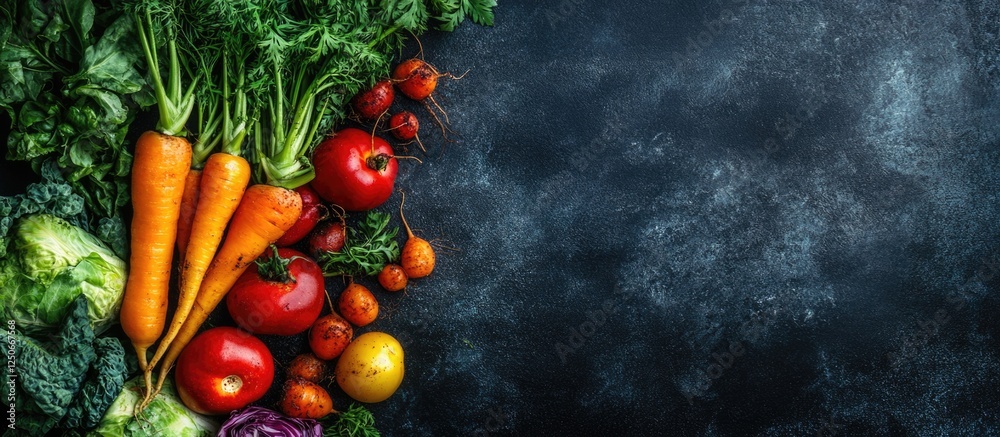 Freshly Harvested Carrots and Vegetables in Organic Garden with Dark Surface Background for Text or Promotional Use Freshly Harvested Carrots and Vegetables in Organic Garden with Dark Surface Background for Text or Promotional Use