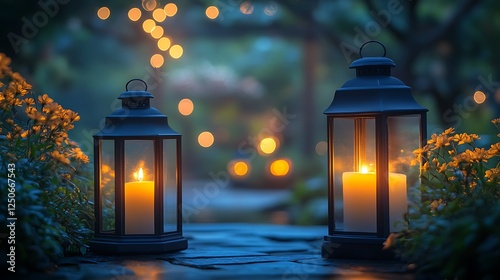 Cozy lanterns and candles creating a peaceful and warm setting against a soft blue-toned night sky
