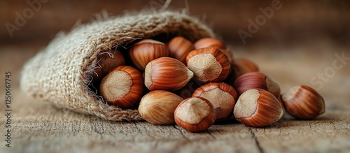 Hazelnuts in burlap sack on wooden table natural background close up view of healthy nuts for culinary and snack purposes