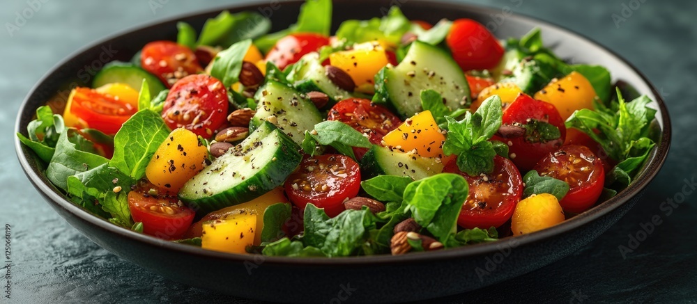 Vibrant vegetarian salad with fresh vegetables and herbs served in a bowl on a textured surface ideal for healthy eating concepts Vibrant vegetarian salad with fresh vegetables and herbs served in a bowl on a textured surface ideal for healthy eating concepts
