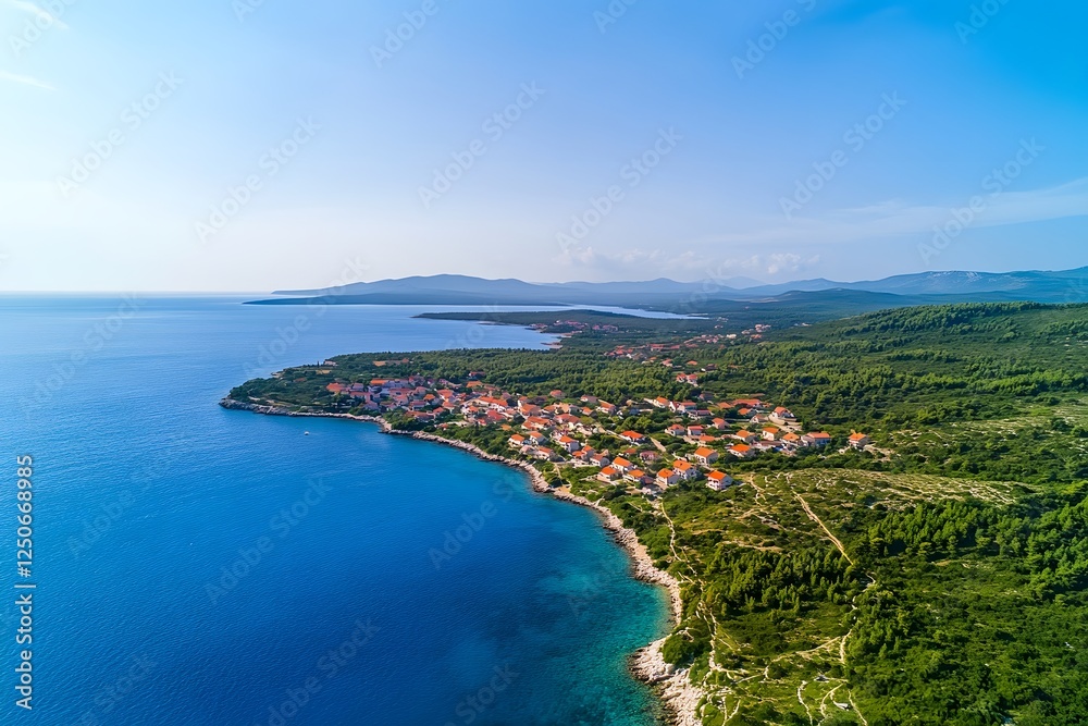 Aerial view coastal village, Adriatic Sea, summer, clear sky, tourism (1) Aerial view coastal village, Adriatic Sea, summer, clear sky, tourism (1)