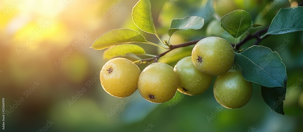 Green Indian Jujube fruits Ziziphus mauritiana with leaves illuminated by sunlight in a natural setting showcasing vibrant horticultural beauty Green Indian Jujube fruits Ziziphus mauritiana with leaves illuminated by sunlight in a natural setting showcasing vibrant horticultural beauty