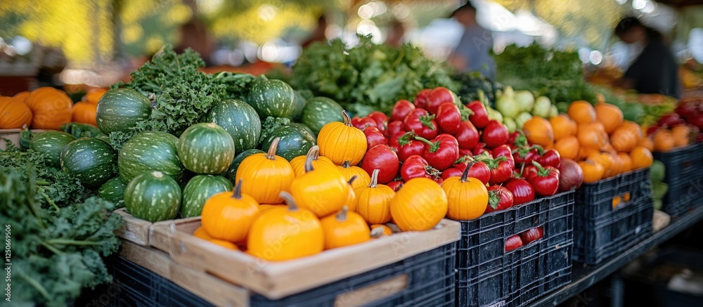 Vibrant assortment of fresh vegetables and pumpkins displayed at a bustling farmer's market highlighting healthy produce options. Vibrant assortment of fresh vegetables and pumpkins displayed at a bustling farmer's market highlighting healthy produce options.