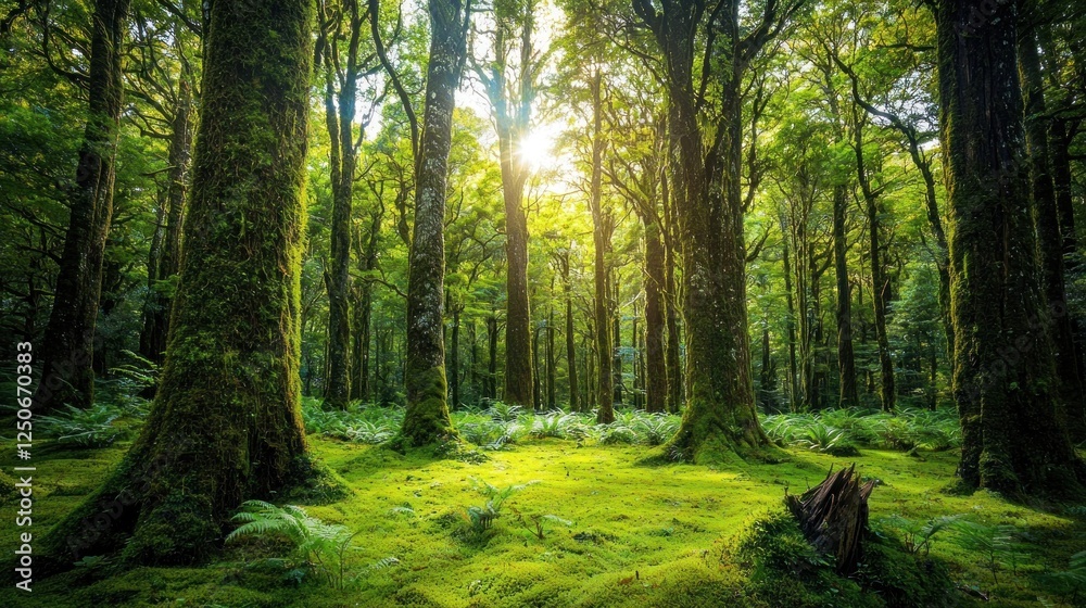 Sunlit Mossy Forest: A Tranquil Green Haven Sunlit Mossy Forest: A Tranquil Green Haven