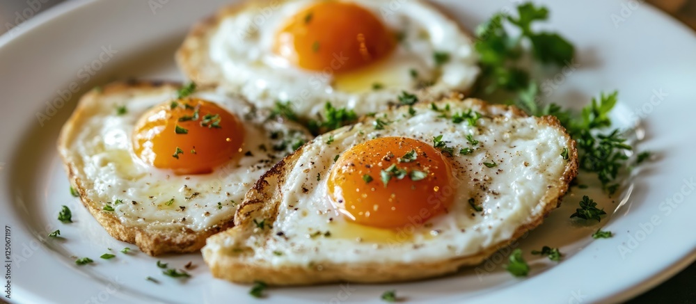 Delicious Hearty Breakfast Platter with Fried Eggs on a White Plate and Fresh Herbs Ready for Text Overlay Delicious Hearty Breakfast Platter with Fried Eggs on a White Plate and Fresh Herbs Ready for Text Overlay