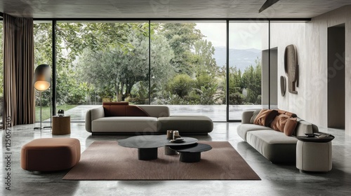 Modern Living Room Interior Design with Sectional Sofa and Garden View