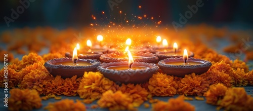 Diwali celebration with traditional oil lamps surrounded by marigold flowers glowing in festive ambiance during the Indian festival of lights photo