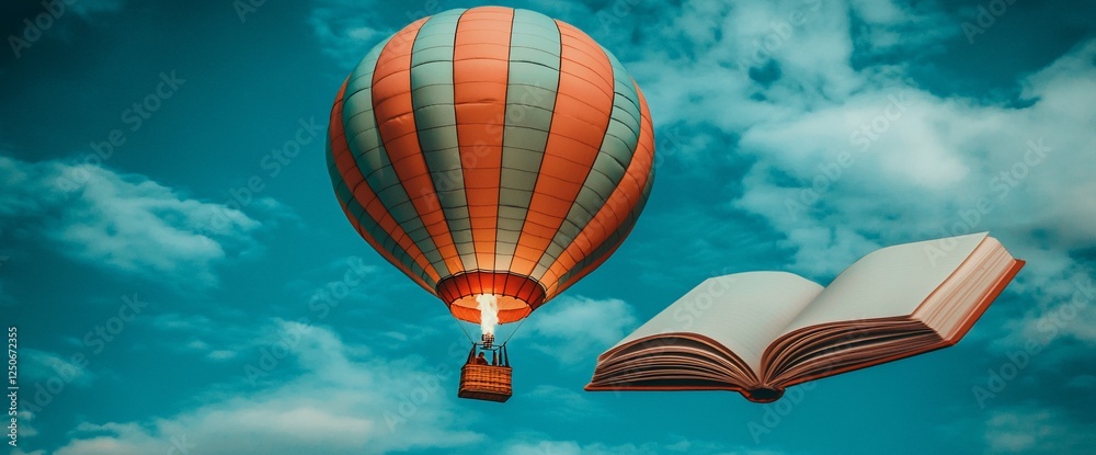 Fototapeta premium Hot Air Balloon and Open Book in Sky; Inspiring Imagination; Travel