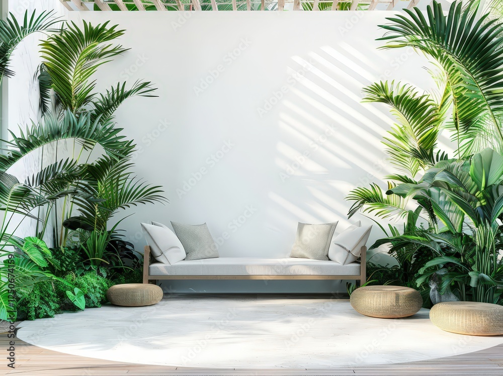 White wall with a wooden bench. white cushions. two round poufs. and lush tropical plants on a white tiled floor White wall with a wooden bench. white cushions. two round poufs. and lush tropical plants on a white tiled floor