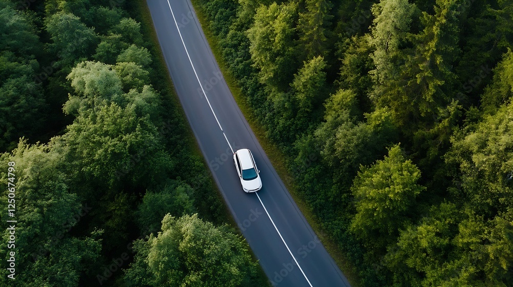 Fototapeta premium Aerial View of a Car Driving on a Winding Road Surrounded by Lush Green Forest : Generative AI