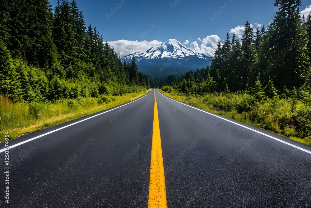 Fototapeta premium Mountain road trip, scenic highway, forest, peak, clouds