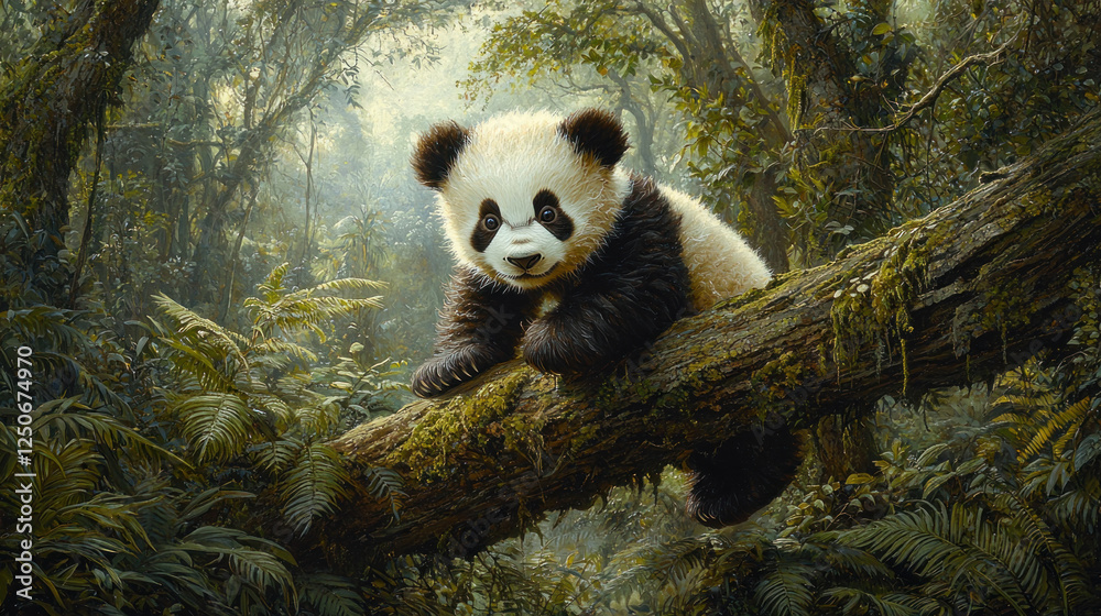 Fototapeta premium Baby panda climbing mossy branch in lush forest