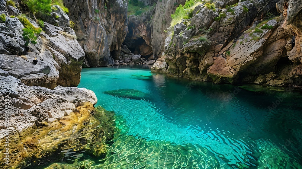 Tropical Hidden Cove with Turquoise Water and Rocky Cliffs Tropical Hidden Cove with Turquoise Water and Rocky Cliffs