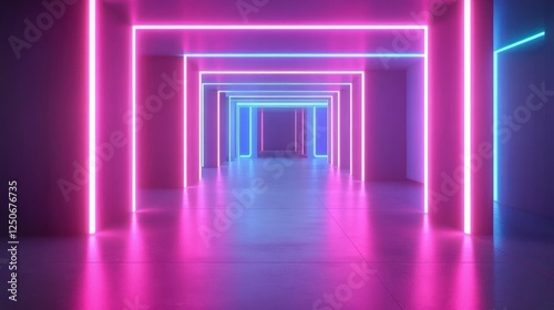 Futuristic Neon Tunnel with Glowing Pink and Blue Lights and Reflections