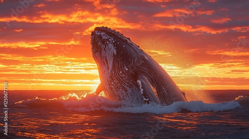 Humpback Whale breaching at sunset, ocean, fiery sky, wildlife photography photo