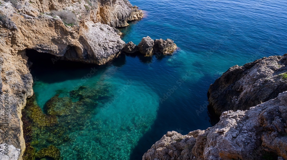 Stunning Aerial View of Crystal Clear Coastal Waters with Rocky Shores and Vibrant Blue Ocean : Generative AI Stunning Aerial View of Crystal Clear Coastal Waters with Rocky Shores and Vibrant Blue Ocean : Generative AI
