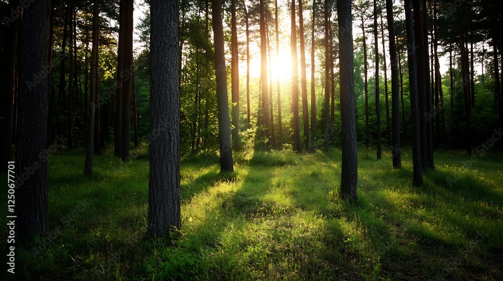 Fototapeta premium Sunlight Filtering Through Tall Trees Creating a Magical Forest Atmosphere : Generative AI