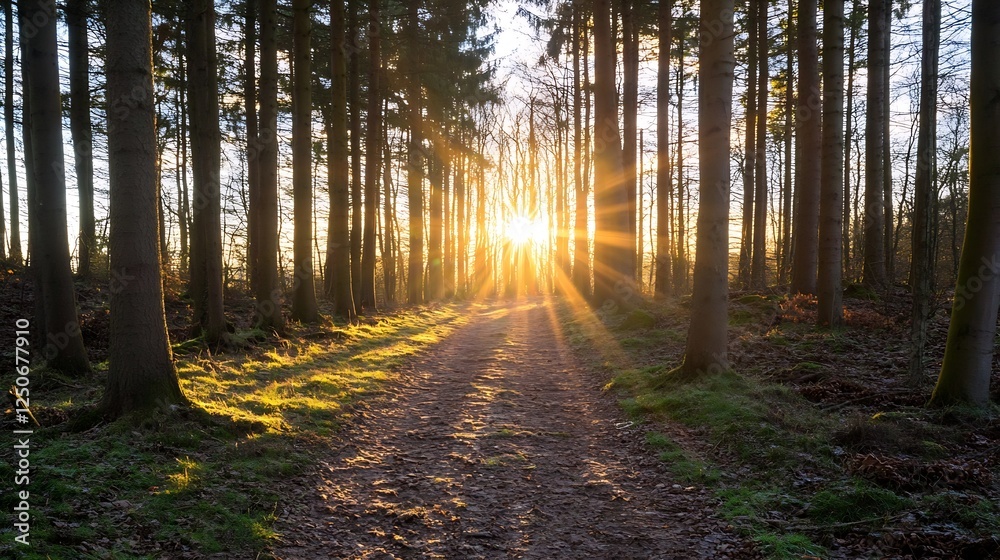 Beautiful sun rays shining through a tranquil forest path surrounded by tall trees at sunset : Generative AI Beautiful sun rays shining through a tranquil forest path surrounded by tall trees at sunset : Generative AI