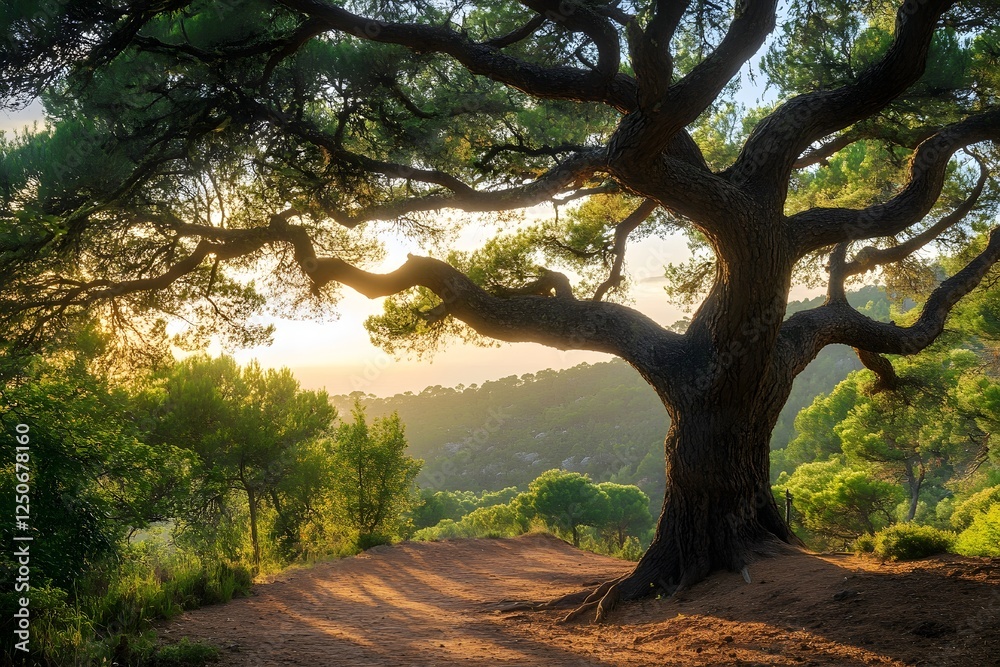 Majestic tree sunrise hilltop forest landscape Majestic tree sunrise hilltop forest landscape