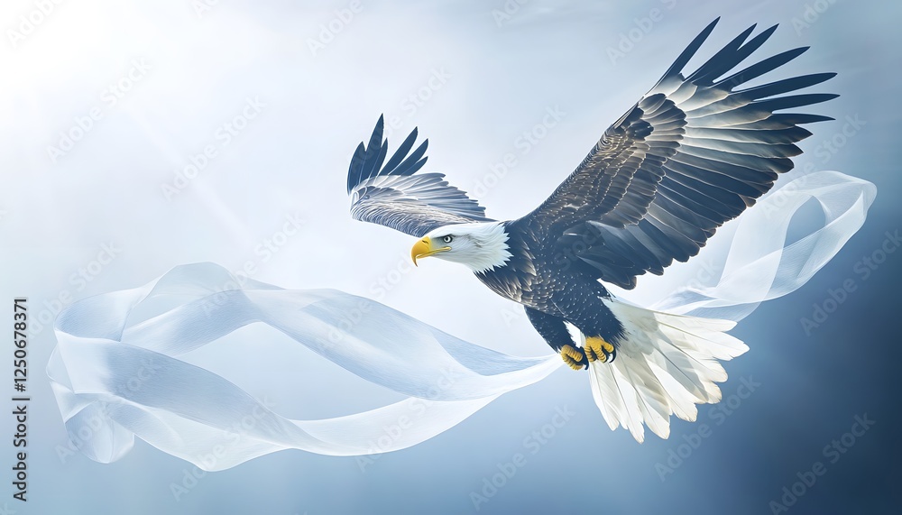 Fototapeta premium Majestic Bald Eagle Soaring Through Airy Fabric