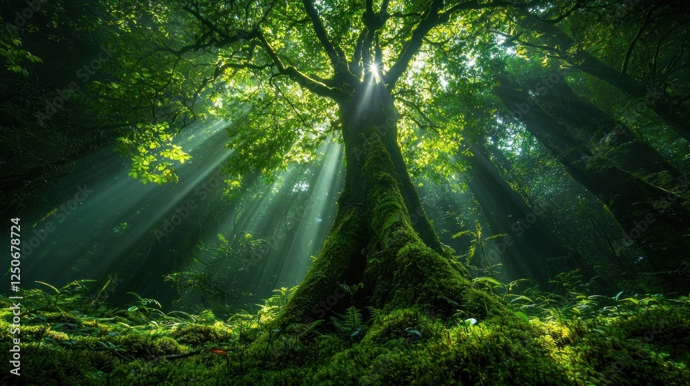 Fototapeta premium Sunbeams through the Ancient Forest