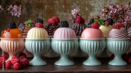 Celebration desserts in artistically designed bowls arranged with elegant decor