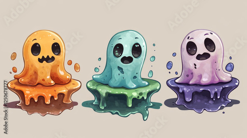 Halloween holiday kawaii ghosts characters on amoeba blobs. Isolated cartoon vector spooky promo sale badges, tags or banners for seasonal discount, festive clearance event and trick or trick party