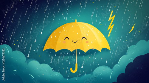 Cartoon yellow umbrella character with funny and cute appearance. Isolated vector parasol showing on rainy cloud with lightnings expressing positivity with smiling face. Weather or climate forecast