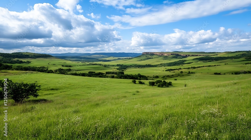 Expansive and tranquil landscape of lush green hills under a bright blue sky with fluffy clouds : Generative AI Expansive and tranquil landscape of lush green hills under a bright blue sky with fluffy clouds : Generative AI