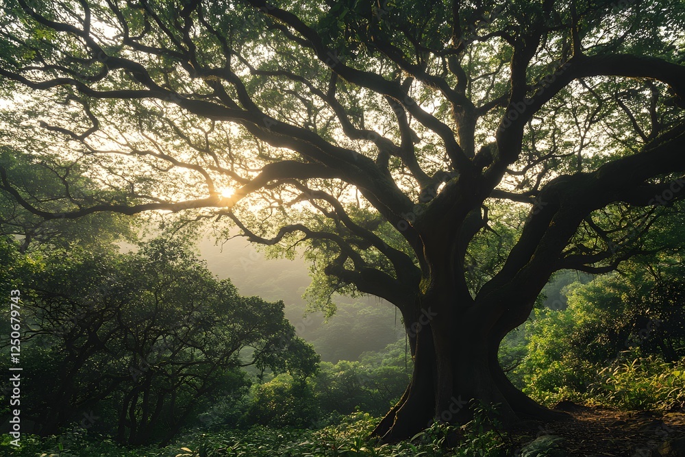 Sunrise through ancient tree, forest, nature, calm Sunrise through ancient tree, forest, nature, calm