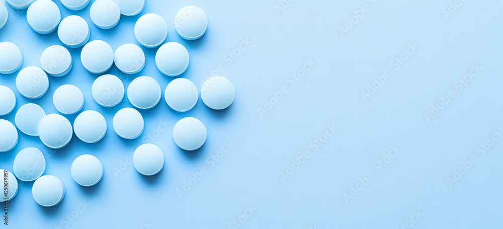 Blue pills on a blue background, with copy space, light and shadow, high-resolution photography. Blue pills on a blue background, with copy space, light and shadow, high-resolution photography.