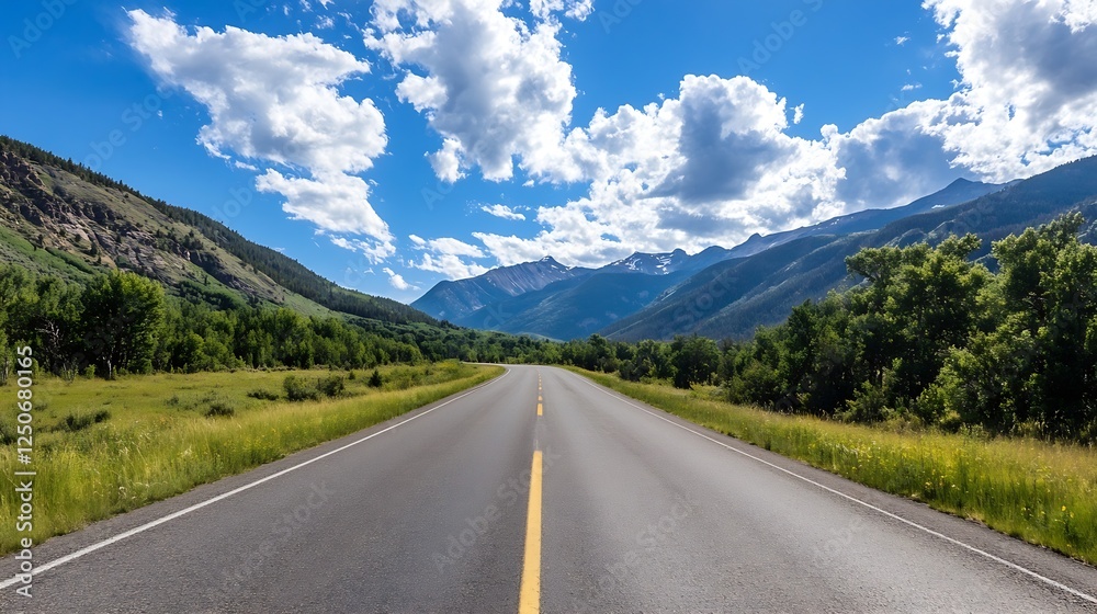 Majestic open road with mountains and blue sky showcasing the beauty of nature during a sunny day : Generative AI Majestic open road with mountains and blue sky showcasing the beauty of nature during a sunny day : Generative AI