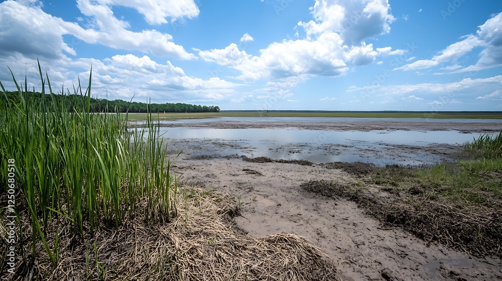 Serene landscape view of a marsh with vibrant greenery and a wideopen sky on a sunny day : Generative AI Serene landscape view of a marsh with vibrant greenery and a wideopen sky on a sunny day : Generative AI