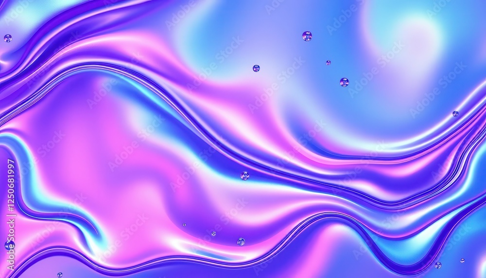 Naklejka premium Iridescent Liquid Metal Wallpaper, Futuristic Holographic Texture Background, Abstract Metallic Waves Art, Glossy Fluid Design Aesthetic